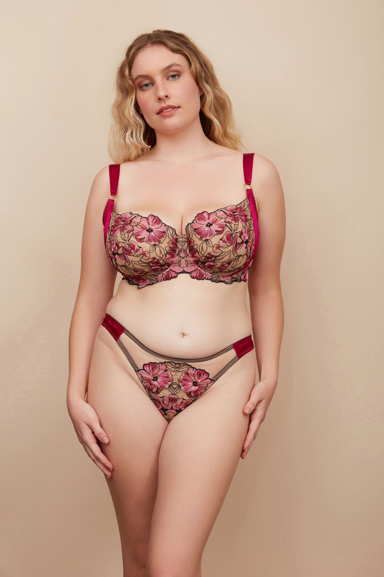 Bra and thong set in bright pink silk with pink and black floral embroidery