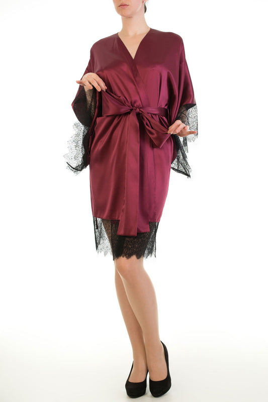 Burgundy silk robe with black lace