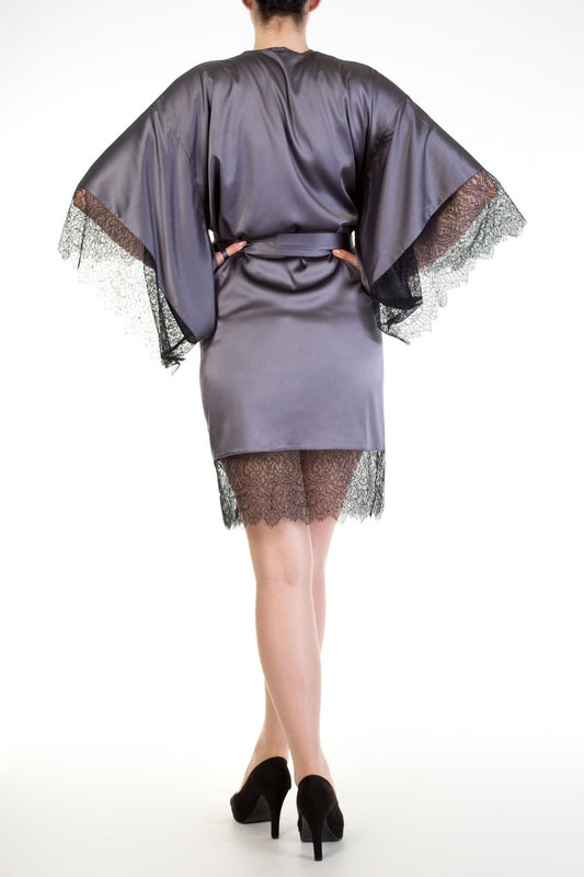 Luxury silk robe with black lace