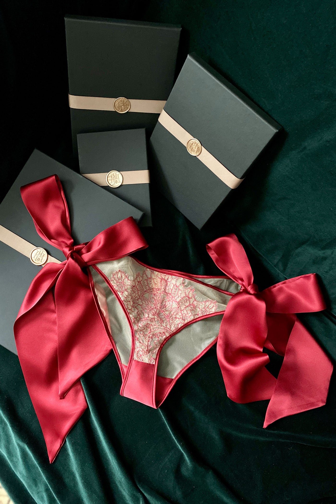 Red silk luxury tie side panty with sheer red lace and gift boxes